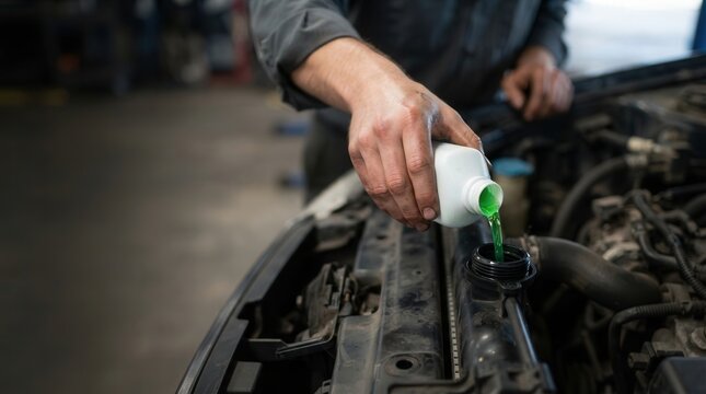 Mechanic Performing Essential Vehicle Maintenance by Carefully Pouring Green Coolant Fluid into the Radiator Reservoir in an Automotive Workshop