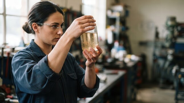 Technician conducts a meticulous quality control analysis of a chemical solution in a professional industrial laboratory environment