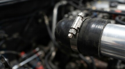 Fototapeta premium Metallic Turbo Intake Hose Clamp Secured on an Automotive Engine Component for High-Performance Vehicle Engineering and Mechanical Repair