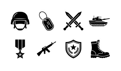 Naklejka premium War and Military Equipment Black Silhouette Icon Collection