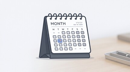 Obraz premium Minimalist desk calendar with spiral binding showing blank dates for scheduling and time management on a clean wooden office table with shallow depth of field in a bright workspace, professional