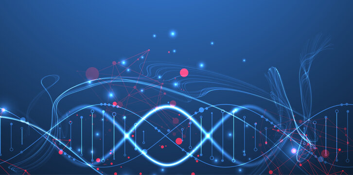 Futuristic biotechnology background with a glowing neon DNA. Vector