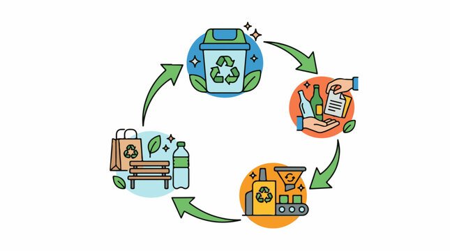 Recycling process showing waste collection to manufacturing to reuse