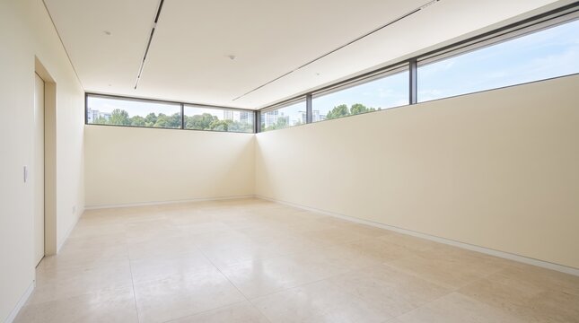 Spacious empty room with large windows and beige walls, tiled floor, bright daylight interior, modern minimalist apartment living space, real estate property background view