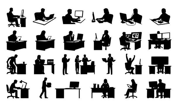 Office productivity people working computer desk silhouette vector collection with business workers
