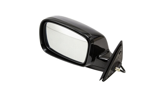 Black glossy car side rear view mirror isolated on dark background for automotive parts