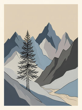 Minimalist vector illustration of a pine tree standing before majestic mountain peaks in a serene landscape.