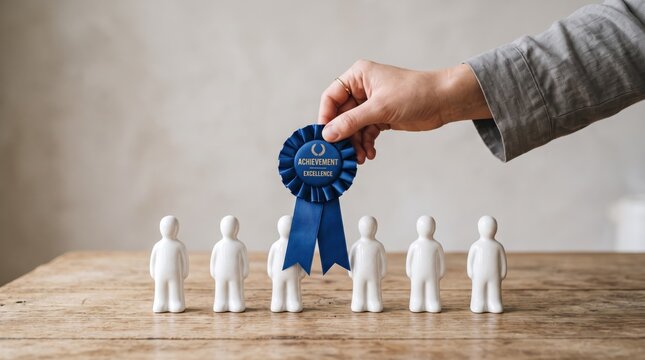 Hand holding blue achievement excellence award ribbon over white figurines on wooden table, recognizing outstanding employee performance, leadership success concept