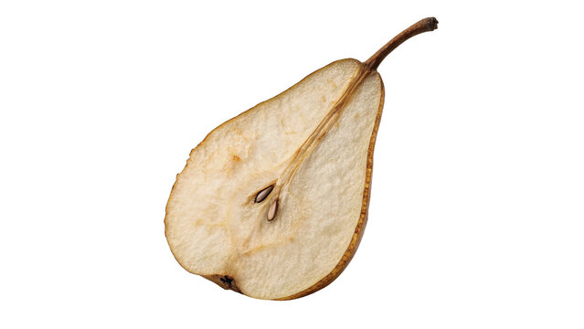 Fresh half slice of ripe pear isolated on black background for healthy food packaging