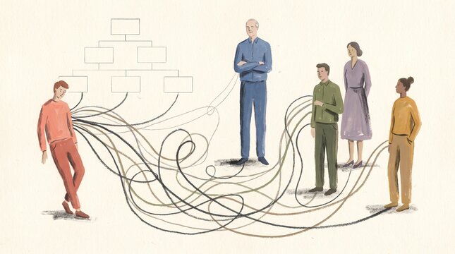 Illustration of People Entangled in Complex Business Hierarchy