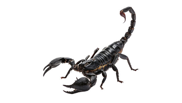 Dangerous black scorpion with stinger raised up high isolated on transparent background