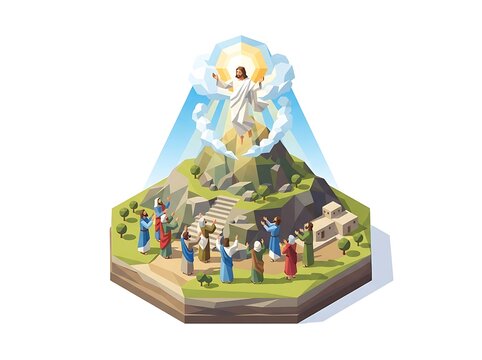 Religious ascension scene with divine light and disciples