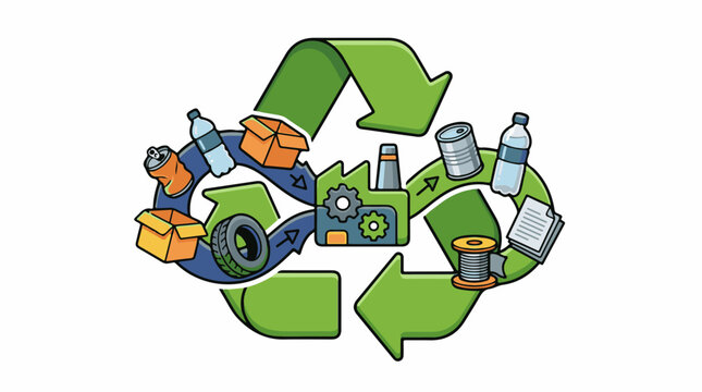 Recycling process showing waste materials processed into new goods