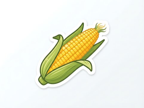 Yellow corn ear with green husk on white background