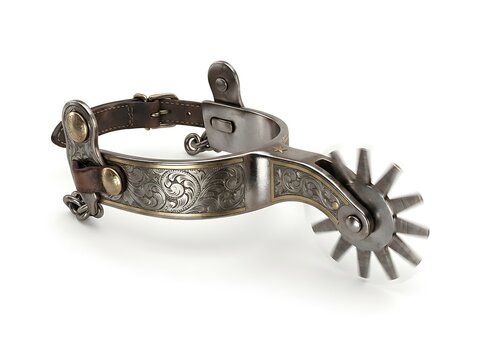Ornate metal spur with leather strap and rowel