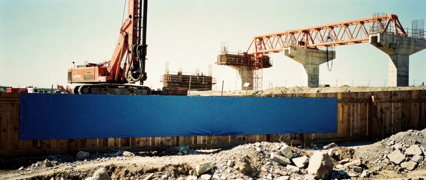 Large piling rig and heavy machinery at a bridge construction site. Elevated highway pillars and trusses under development behind a blue fence. Civil engineering and infrastructure growth concept.