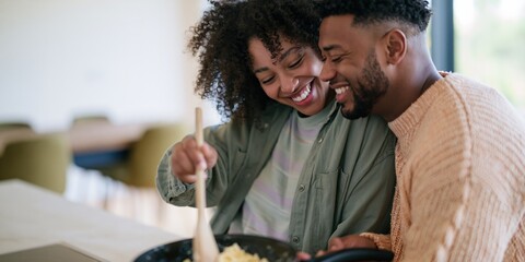 Obraz premium Happy couple cooking together at home kitchen for lifestyle social media banner and cozy background