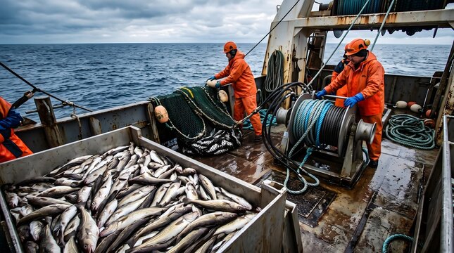 Commercial Fishing Crew Sorting Fresh Catch on Trawler Deck at Sea