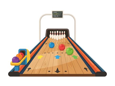 Bowling alley with pins balls and lane