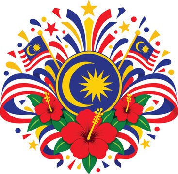 Celebratory illustration with malaysian flags, hibiscus flowers, and festive fireworks, symbolizing malaysia independence day and national pride