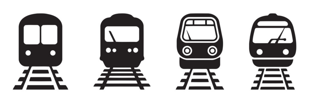 Set of black train and subway front view icons on railroad tracks vector illustration with railroad transport collection silhouette movement industry locomotive carriage passenger