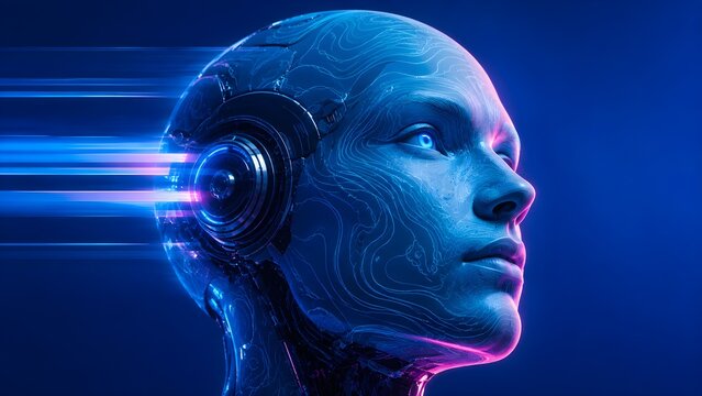 Advanced artificial intelligence conceptual representation featuring a futuristic human cyborg portrait with digital glowing neural network pathways