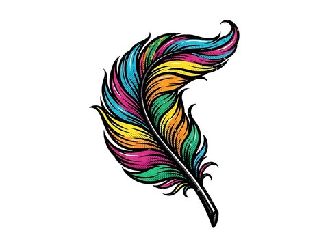 Vibrant multicolored feather isolated on white background