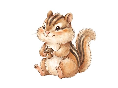 Cute chipmunk holding acorn illustration