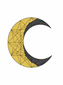 Abstract geometric crescent moon design with golden and dark grey triangular patterns.