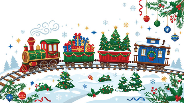Festive Christmas express train vector illustration carrying holiday gifts and decorated pine trees on a snowy railway track with winter borders