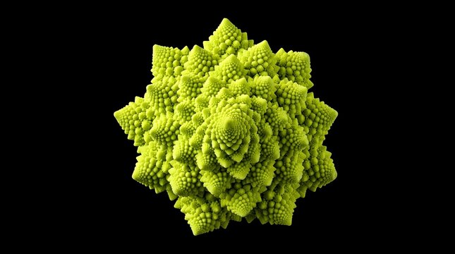Fresh romanesco broccoli vegetable with a natural fractal pattern showing geometric spiral shapes on a dark background