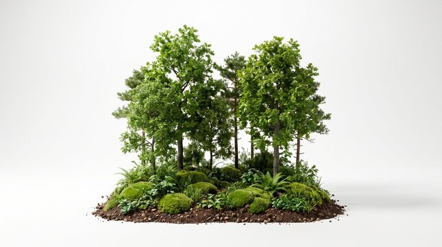 Miniature forest model with green trees and mossy soil on white background