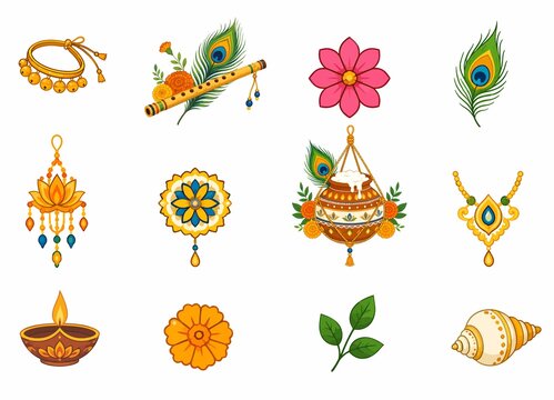 Krishna Janmashtami festival decorative icons and traditional Hindu elements are displayed in a clean vector collection.