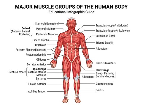 Human body major muscle group anatomy chart educational infographic