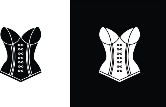 Elegant black and white vintage corset icons featuring classic lace up front design and curved feminine silhouette isolated on white and black background