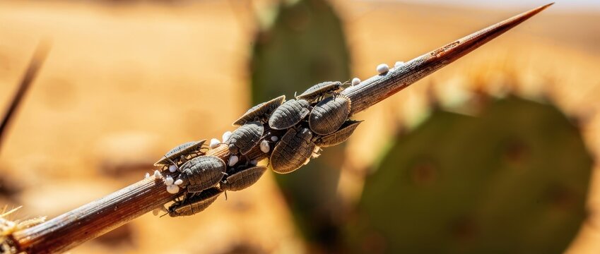 Cochineal insects cluster on a sharp cactus thorn. Macro view of scale insects in a desert habitat. Entomology and natural dye concept for biology and pest control use.