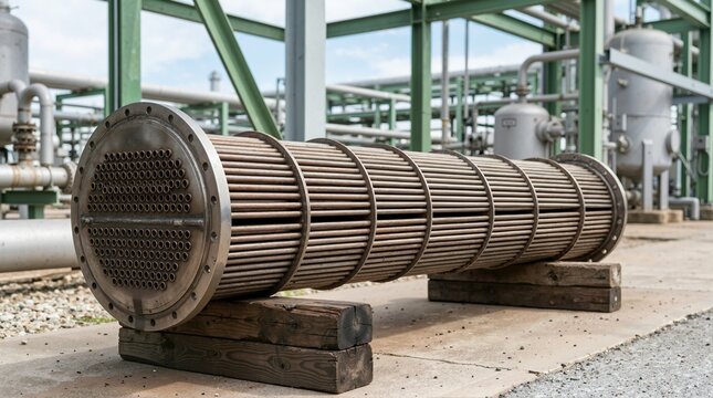Heat exchanger tube bundle at industrial refinery. Metal pipe assembly resting on wood blocks in chemical processing plant