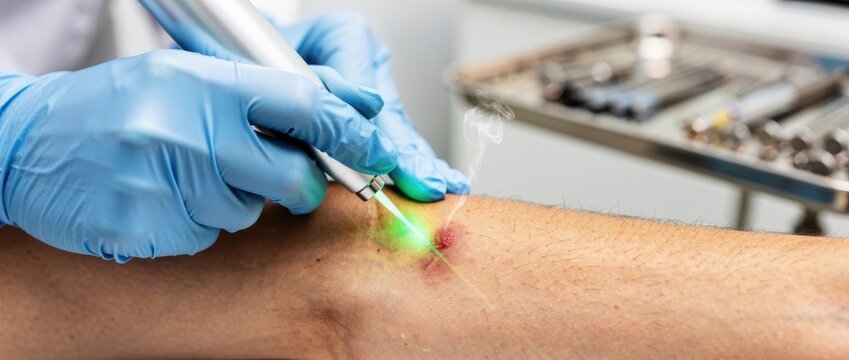 Doctor using medical laser to treat skin lesion on patient leg. Surgeon in blue gloves performing professional laser therapy. Dermatology treatment concept for healthcare marketing.