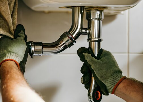 Plumber installing stainless steel sink drain pipe under kitchen cabinet