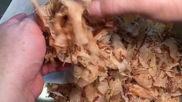 Filling a dashi pack with katsuobushi bonito flakes by hand, Japanese izakaya, Japan