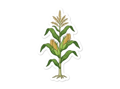 Corn stalk with two ears of corn and tassel illustration