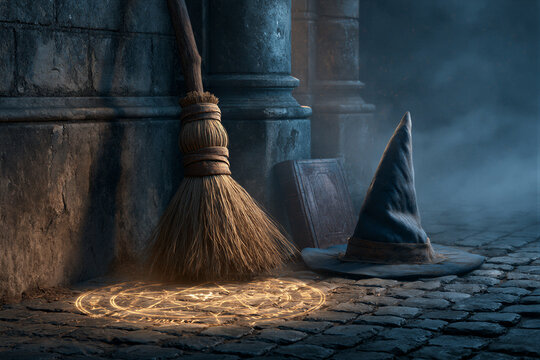 Vintage broom, witch hat, grimoire beside glowing magic circle, moody fog, warm gold and cool blue lighting, right copy space ideal for Halloween marketing, seasonal ads and spooky campaigns