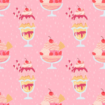 Cute strawberry ice cream sundae parfait seamless pattern on pink background