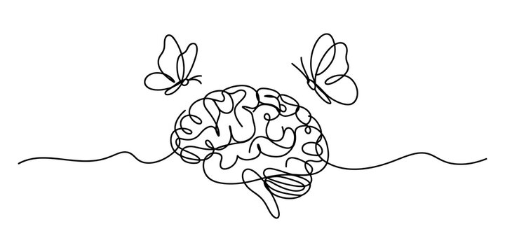 Continuous single line drawing of a human brain with two flying butterflies