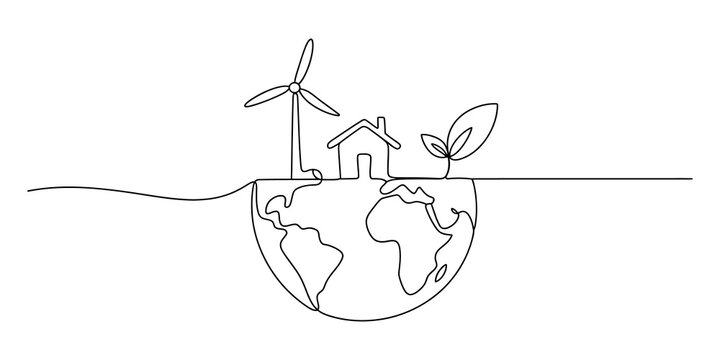 Continuous line drawing of planet earth with house wind turbine and green plant