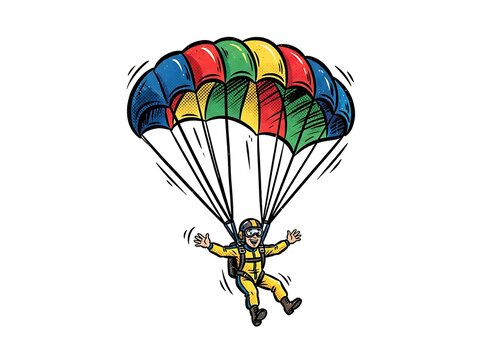 Skydiver descending with colorful parachute