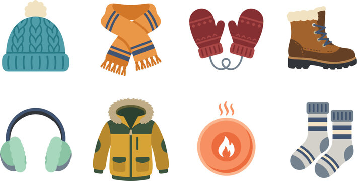 Winter seasonal clothing and warm apparel vector icon pack featuring knit beanie hat scarf mittens leather boot earmuffs jacket hand warmer and socks