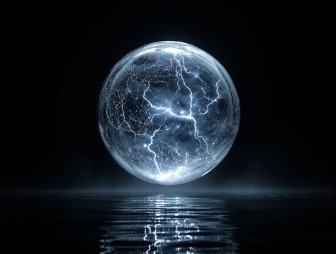 Glowing plasma ball with lightning over water