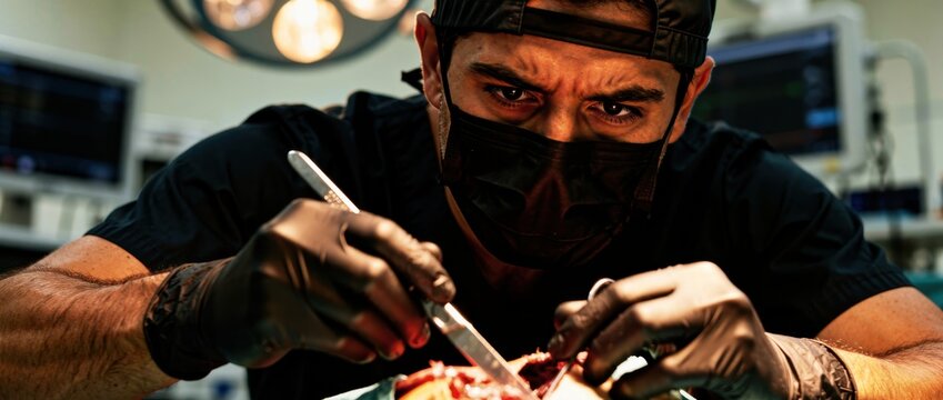 Surgeon in black scrubs performing surgery with a scalpel. Intense medical professional working in modern operating theater. Healthcare surgery concept for clinical and hospital marketing.