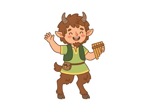 Joyful faun character playing panpipes on white background